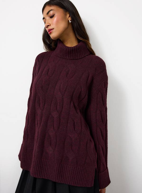 Burgundy Roll Neck Cable Knitted Jumper XL